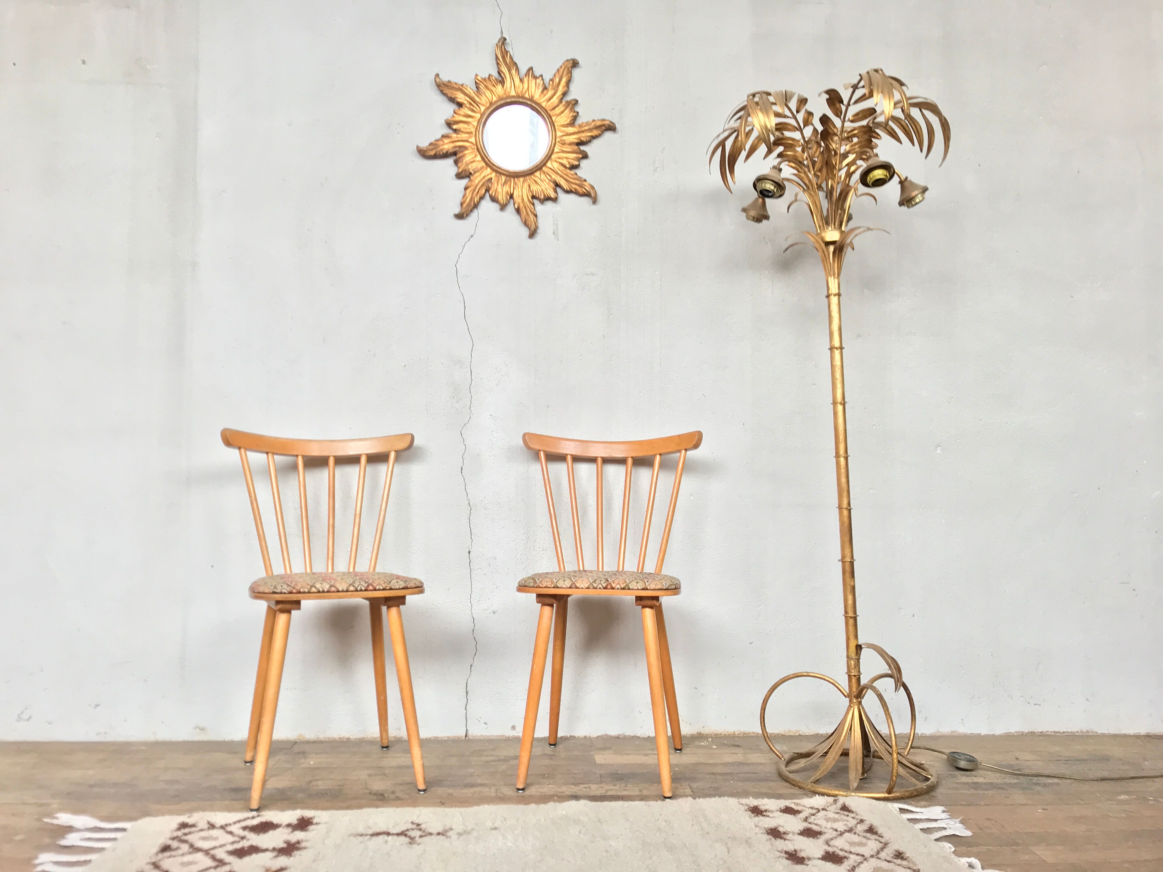 Pair of Scandinavian chair fabric light wood flower feet compasses
