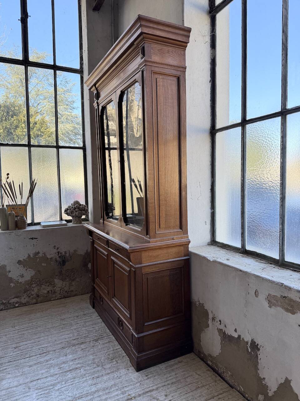 Antique XL Napoleonic oak glass bookcase, 19th century