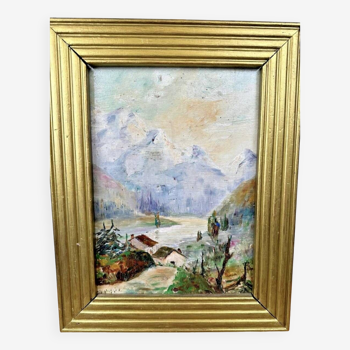 Tableau huile sur panneau paysage de montagne