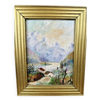 Tableau huile sur panneau paysage de montagne