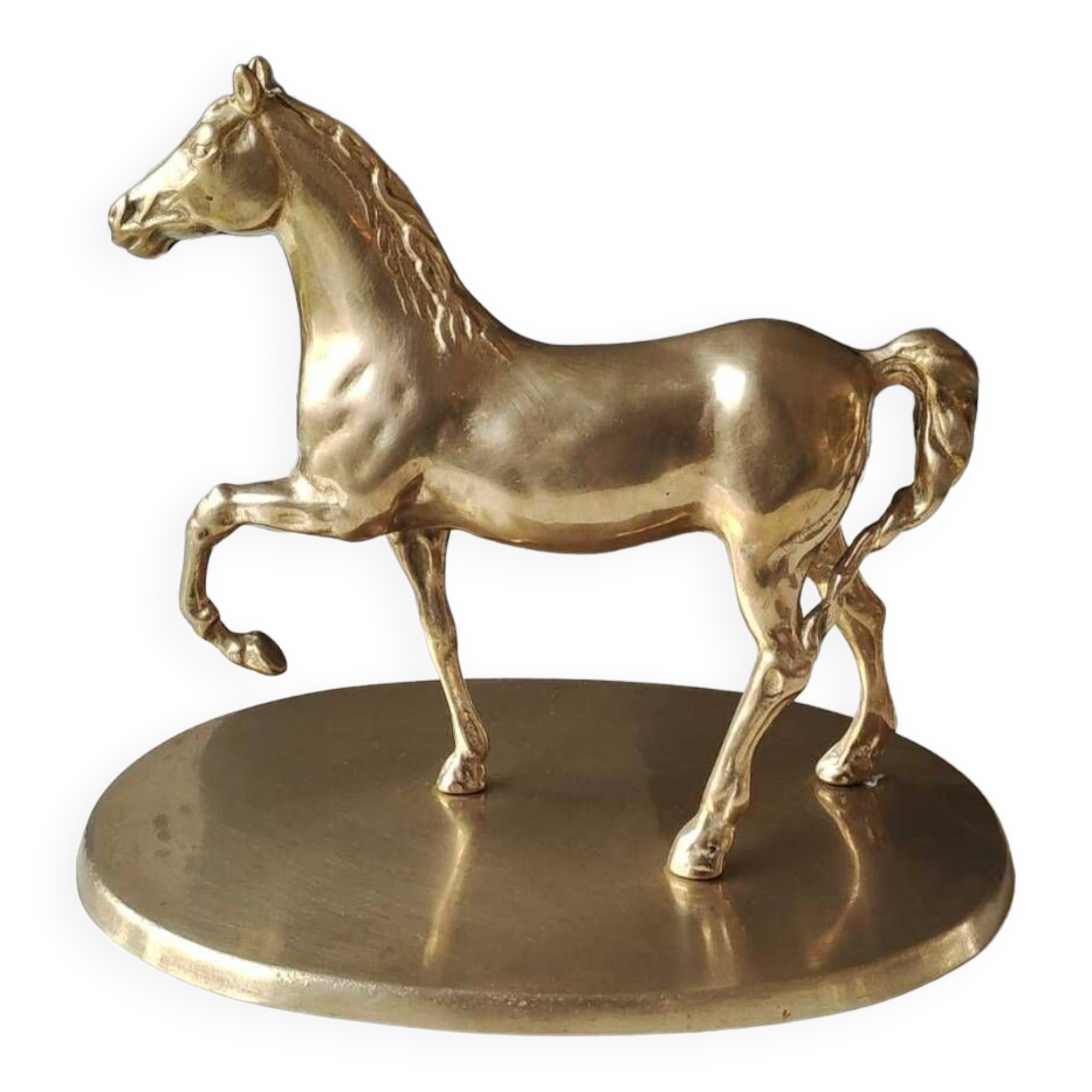 Large vintage horse in exercise figurine on oval base, in polished brass 26 x 19 cm