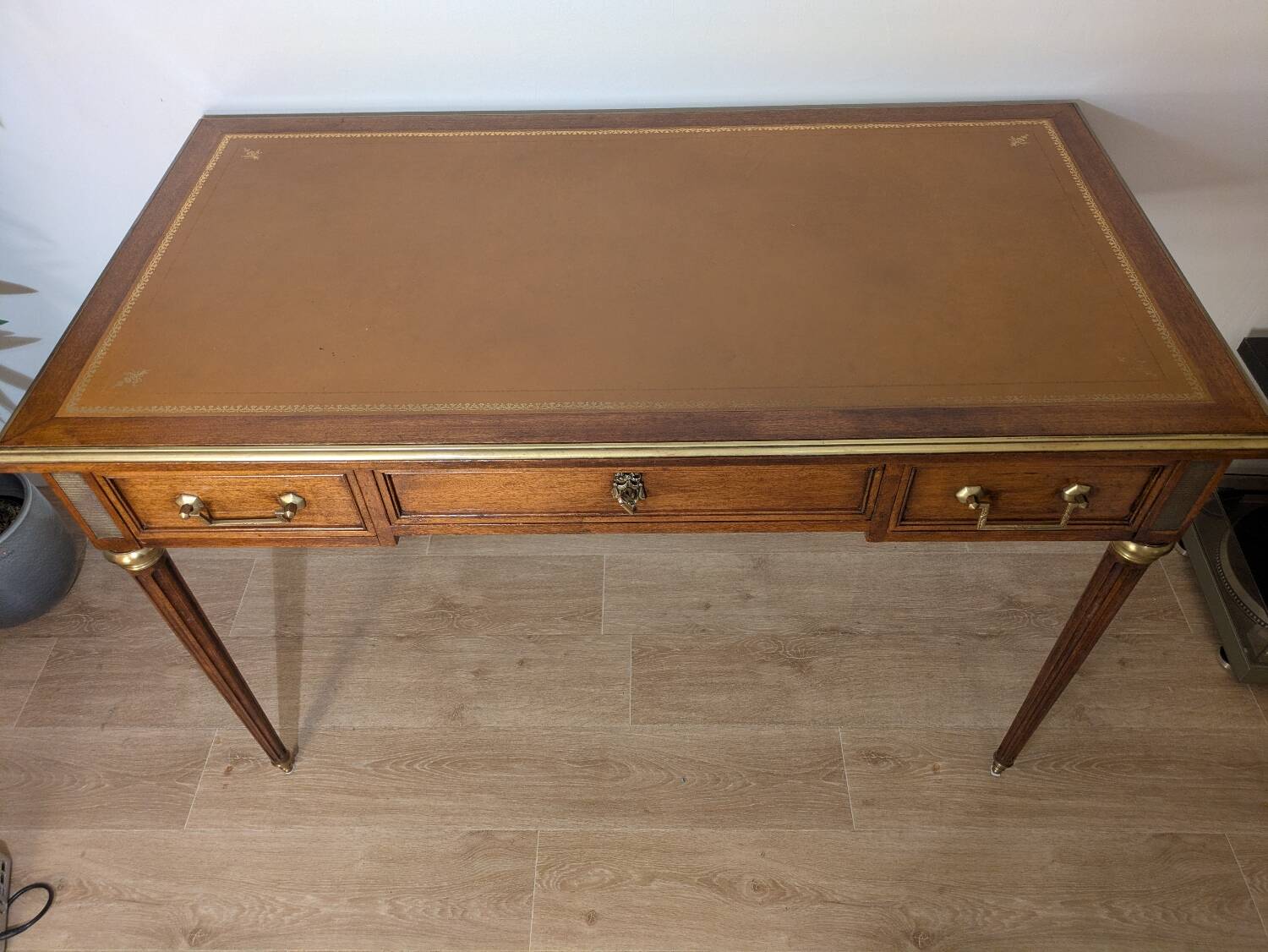Antique Louis XVI style vintage desk, leather, brass, cherry wood