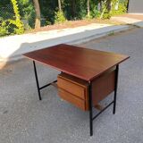 Bureau scandinave en bois et acier noir 1960 avec 2 tiroirs