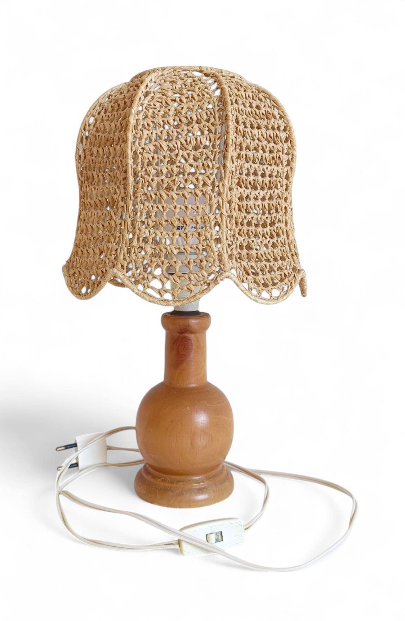 Mid-Century Bohemian Table Lamp, Pine Wood & Raffia, Italy, 1970s