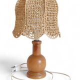 Mid-Century Bohemian Table Lamp, Pine Wood & Raffia, Italy, 1970s
