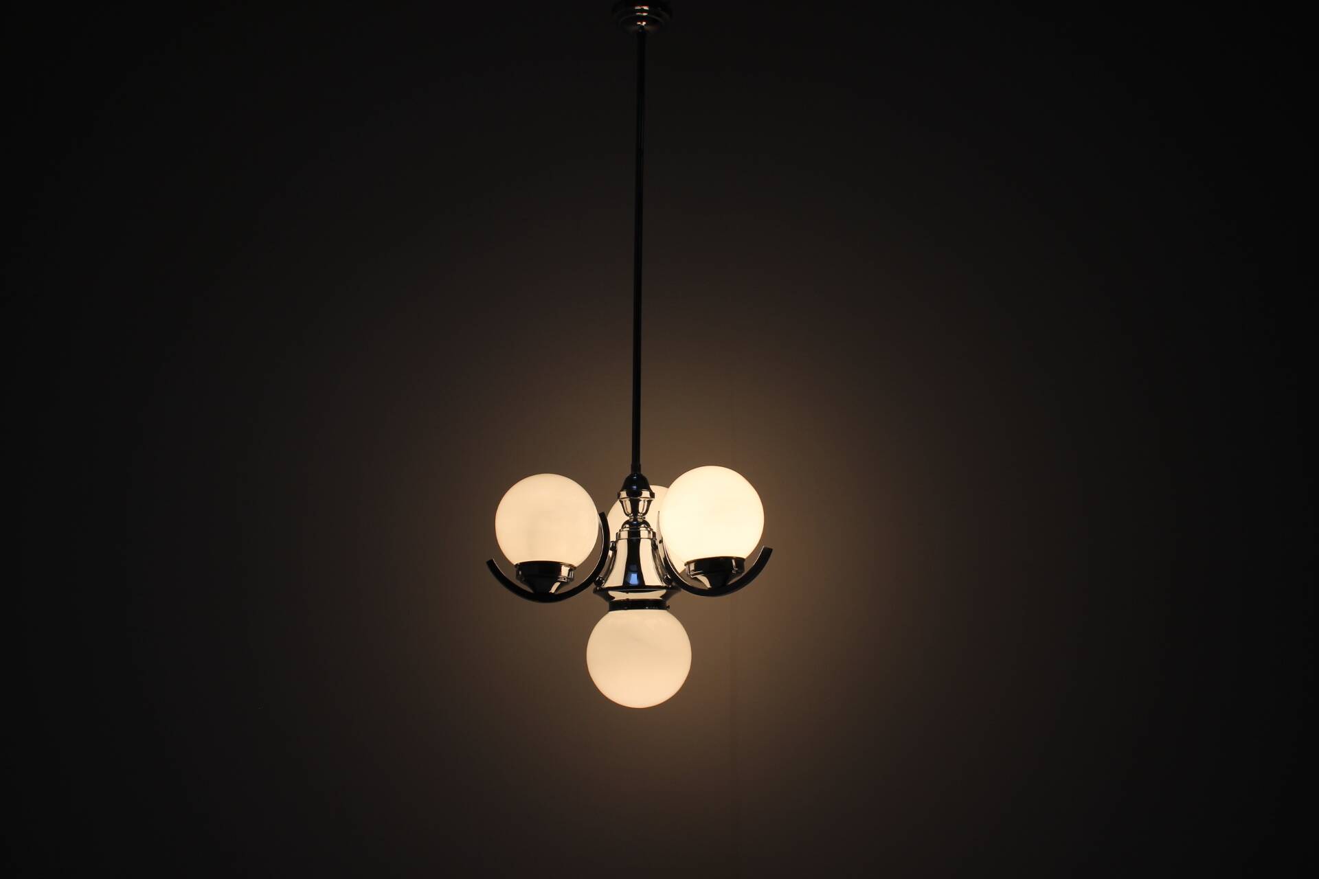 Art Deco Chrome and Pink Glass Chandelier, 1930's, Czechoslovakia