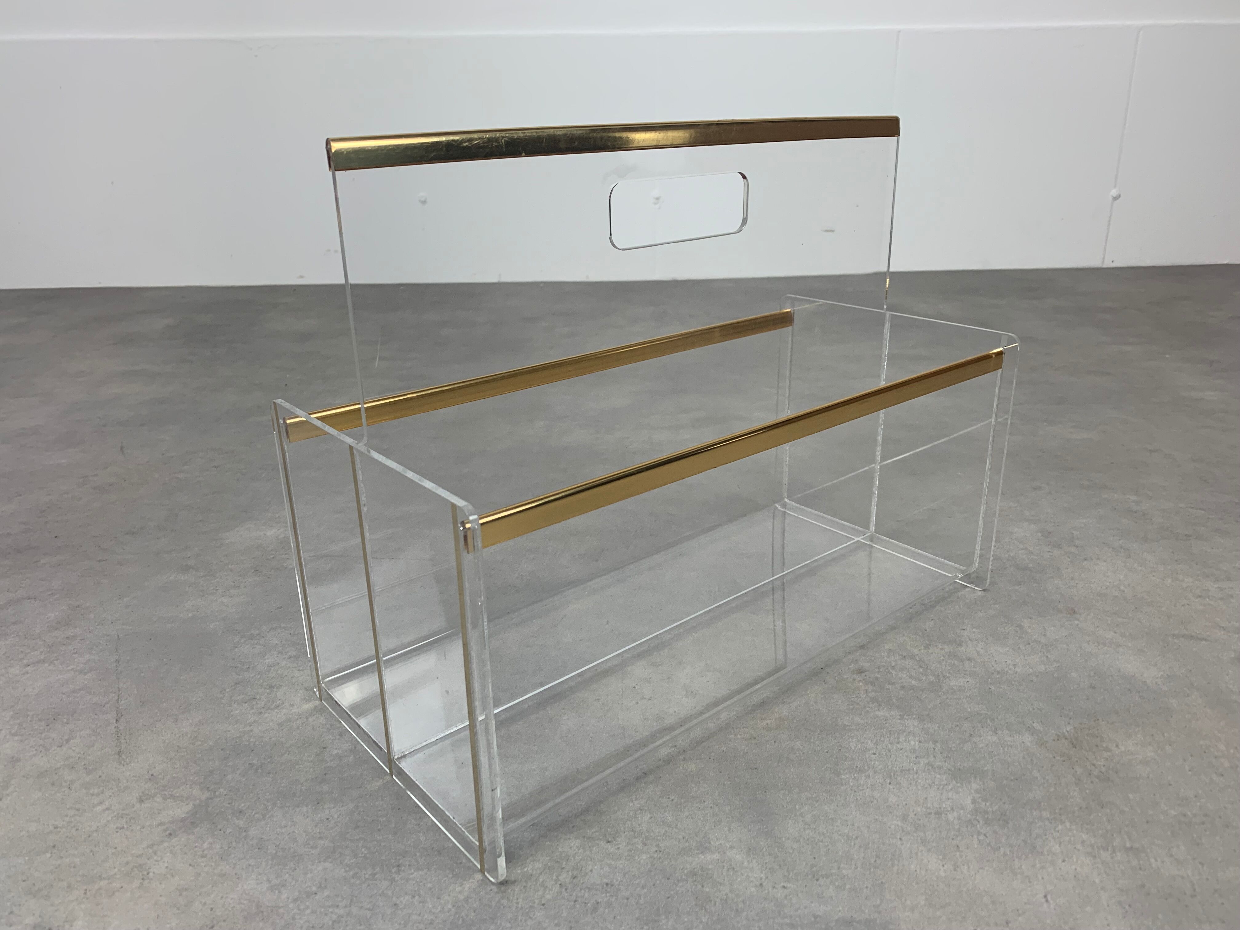 Plexiglas and brass magazine door 70s Hollywood Regency style