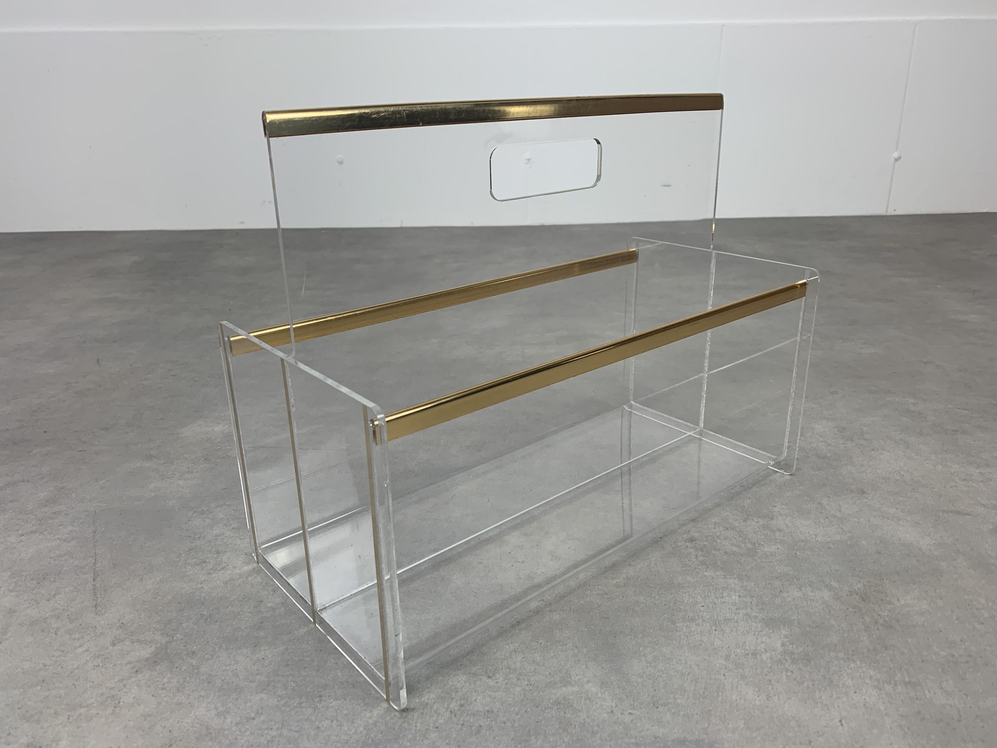 Plexiglas and brass magazine door 70s Hollywood Regency style