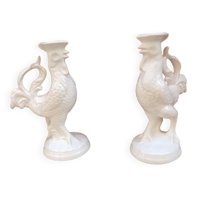 Paire de bougeoirs en forme de coq - Faïencerie de Saint Clément