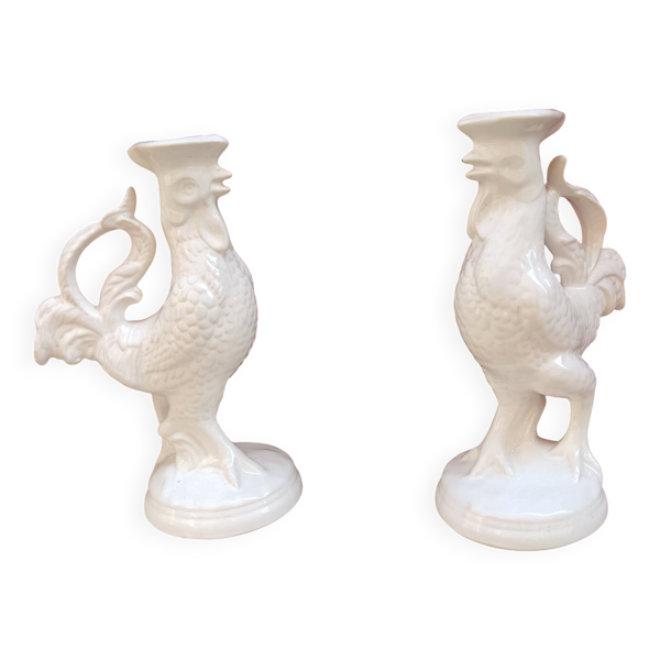 Paire de bougeoirs en forme de coq - Faïencerie de Saint Clément — Beyit