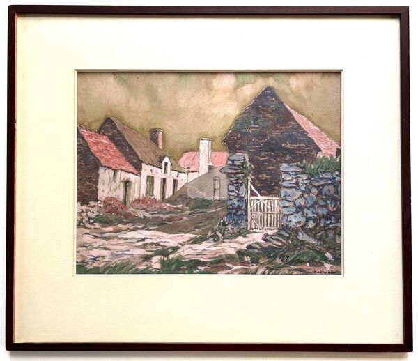 Gouache et fusain, Un hameau dans la Hague, ch.Levaché