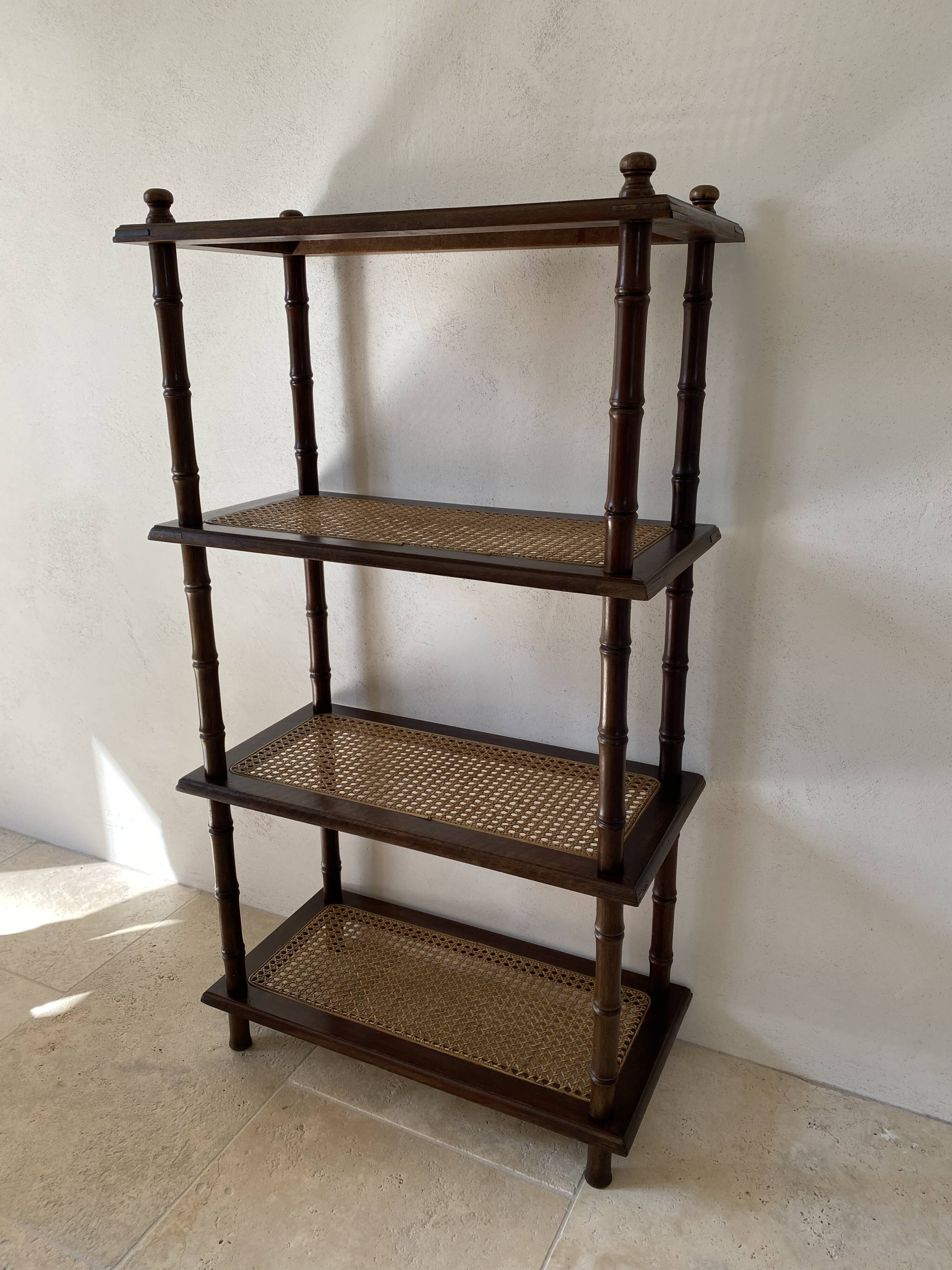 Vintage wooden shelf with cane, colonial style, 4 levels.