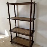 Vintage wooden shelf with cane, colonial style, 4 levels.