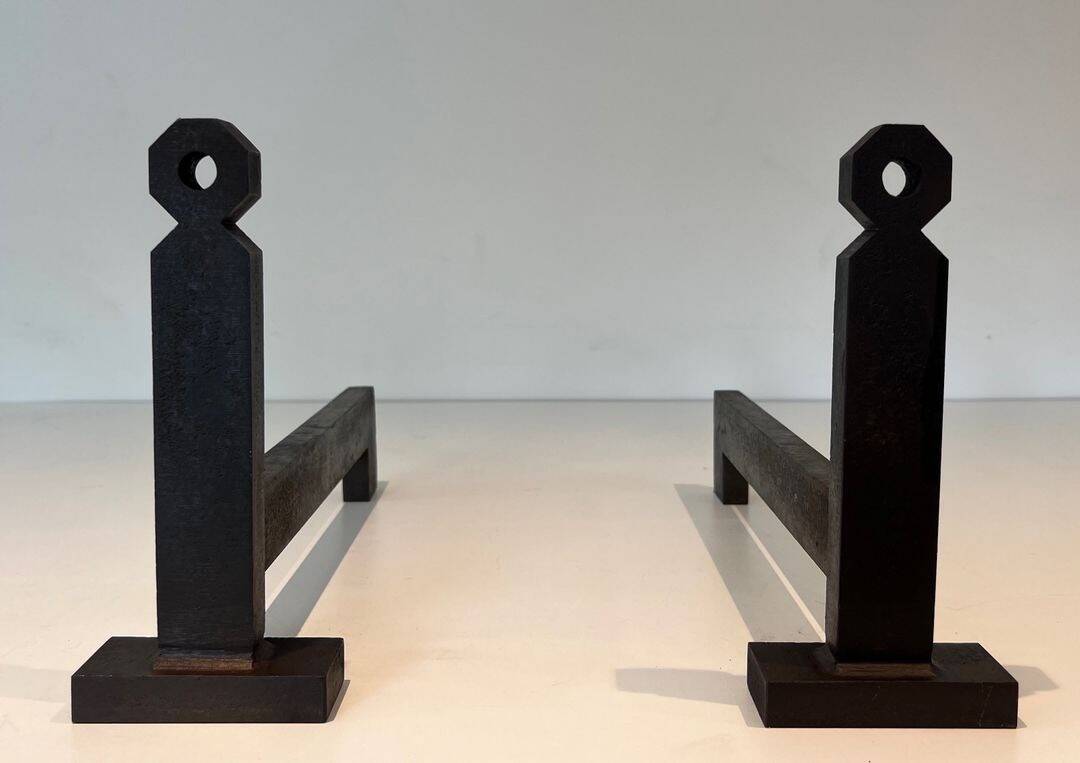 Pair of Minimalist Modernist Wrought Iron Chenets with Torch Holders in Nut Design