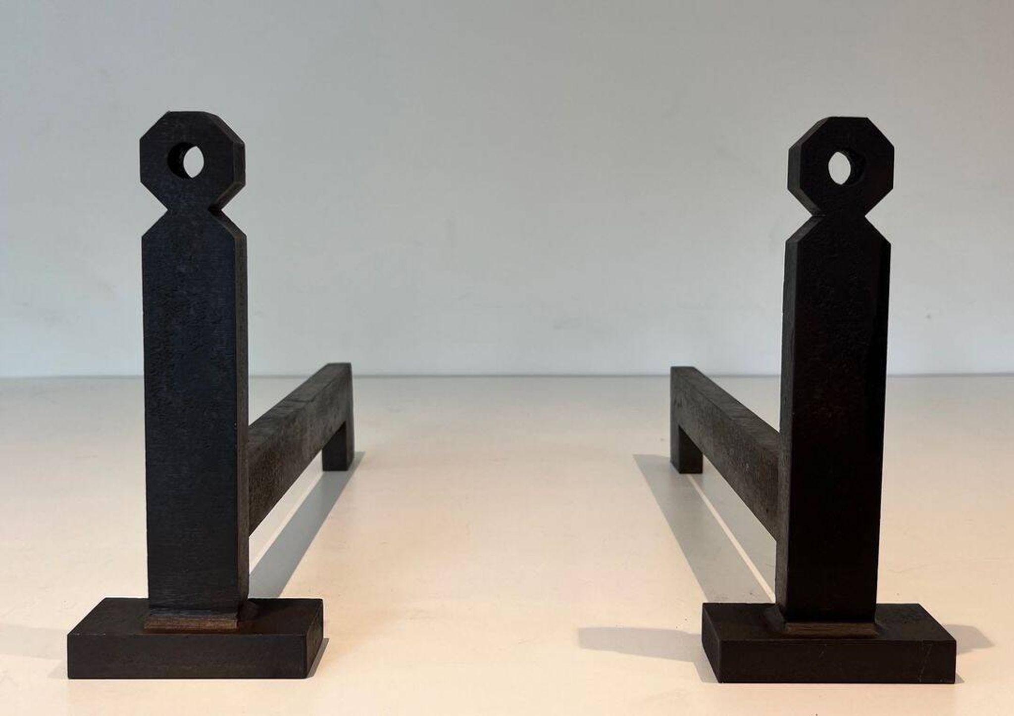 Pair of Minimalist Modernist Wrought Iron Chenets with Torch Holders in Nut Design