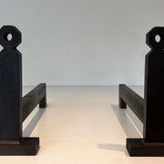 Pair of Minimalist Modernist Wrought Iron Chenets with Torch Holders in Nut Design