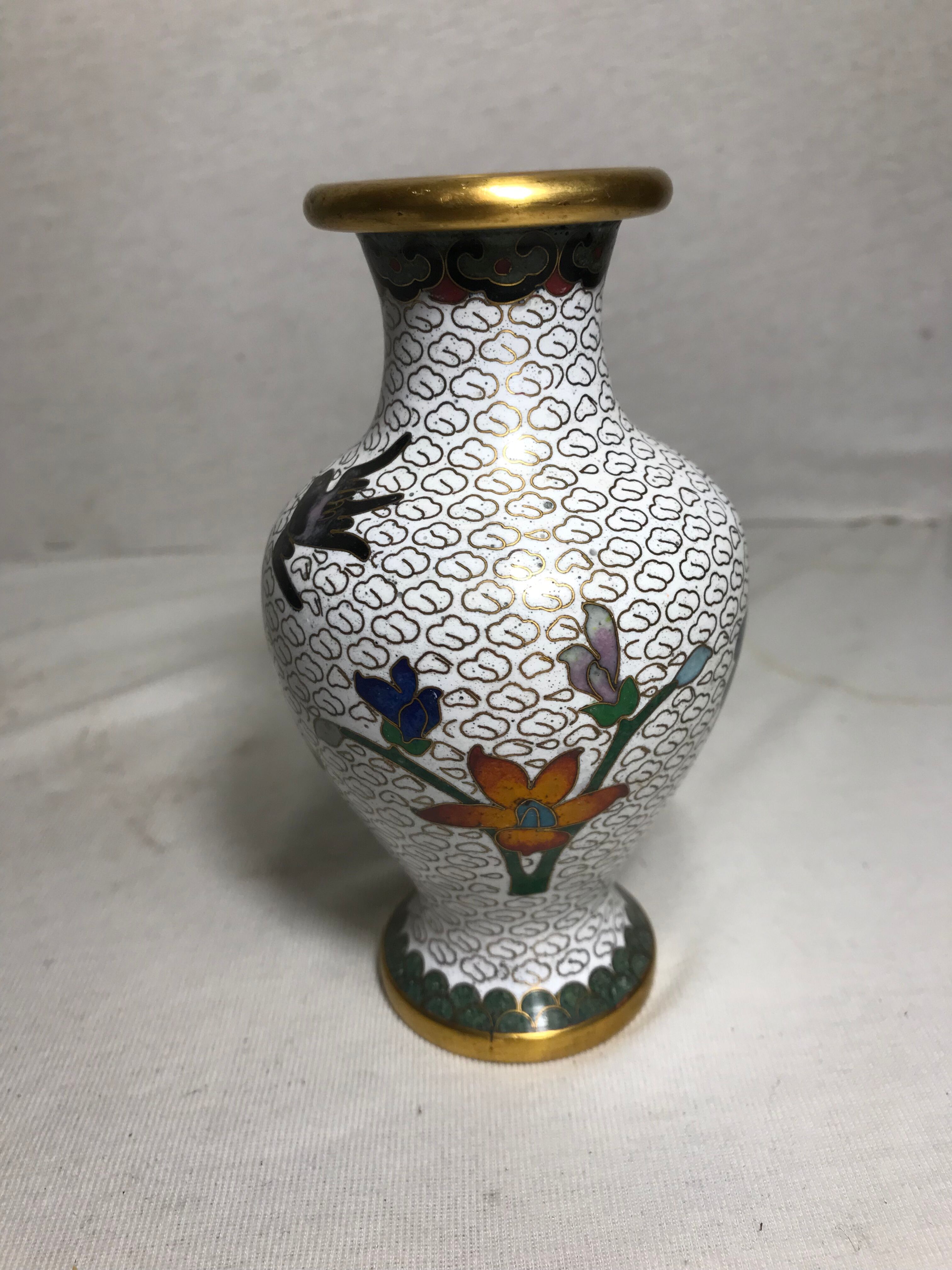 Vase cloisonné laiton dessins fleurs émaillés décoration vintage #2