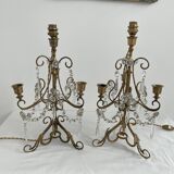 Pair of lamps, 3-light candlesticks, shabby chic, glass tassels, pendants, pleated fabric lampshade