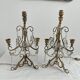 Paire lampes, bougeoirs 3 feux, shabby chic, pampilles en verre, pendeloques, abat-jour tissu plissé