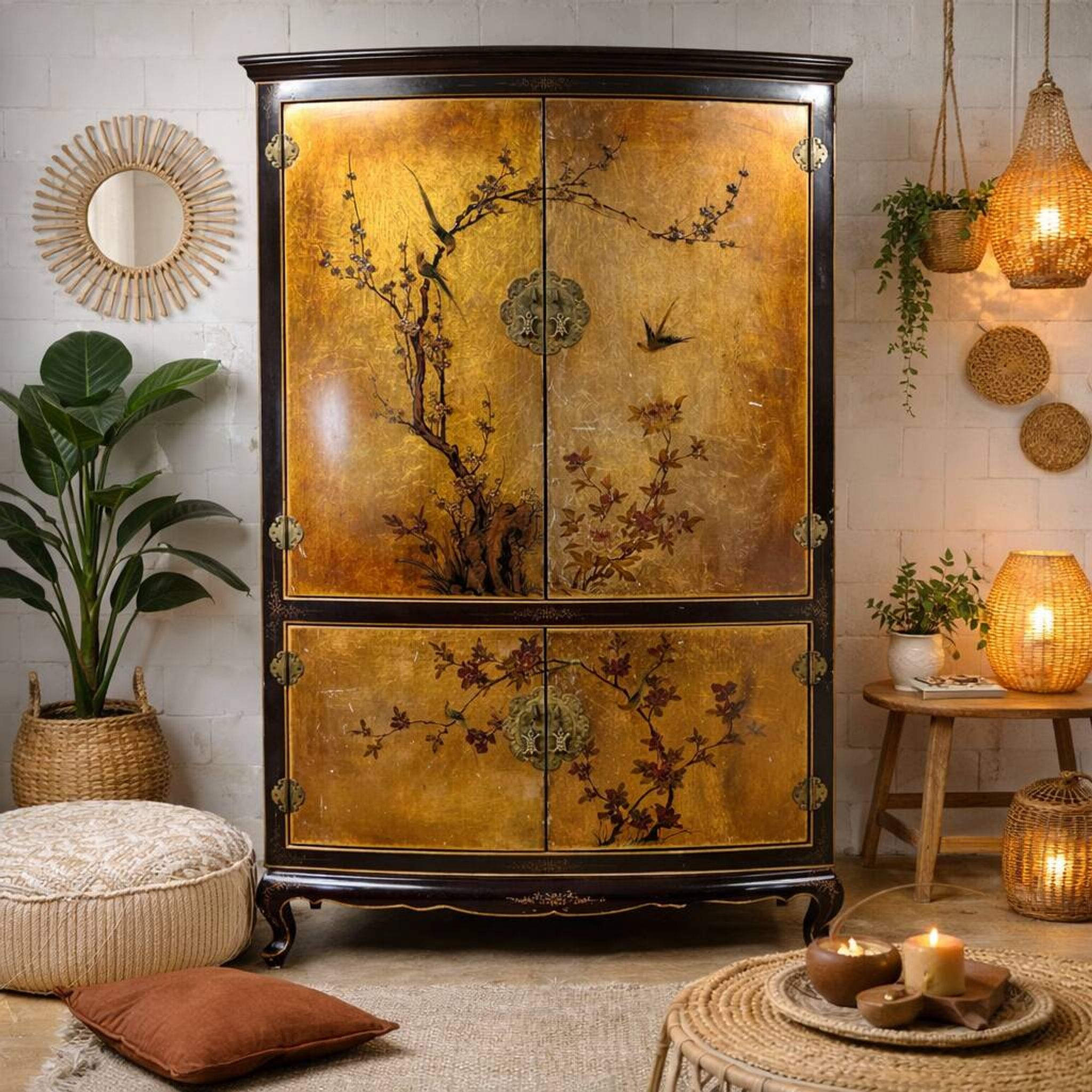 Vintage Chinese cabinet with gold leaf, flowers and birds / oriental