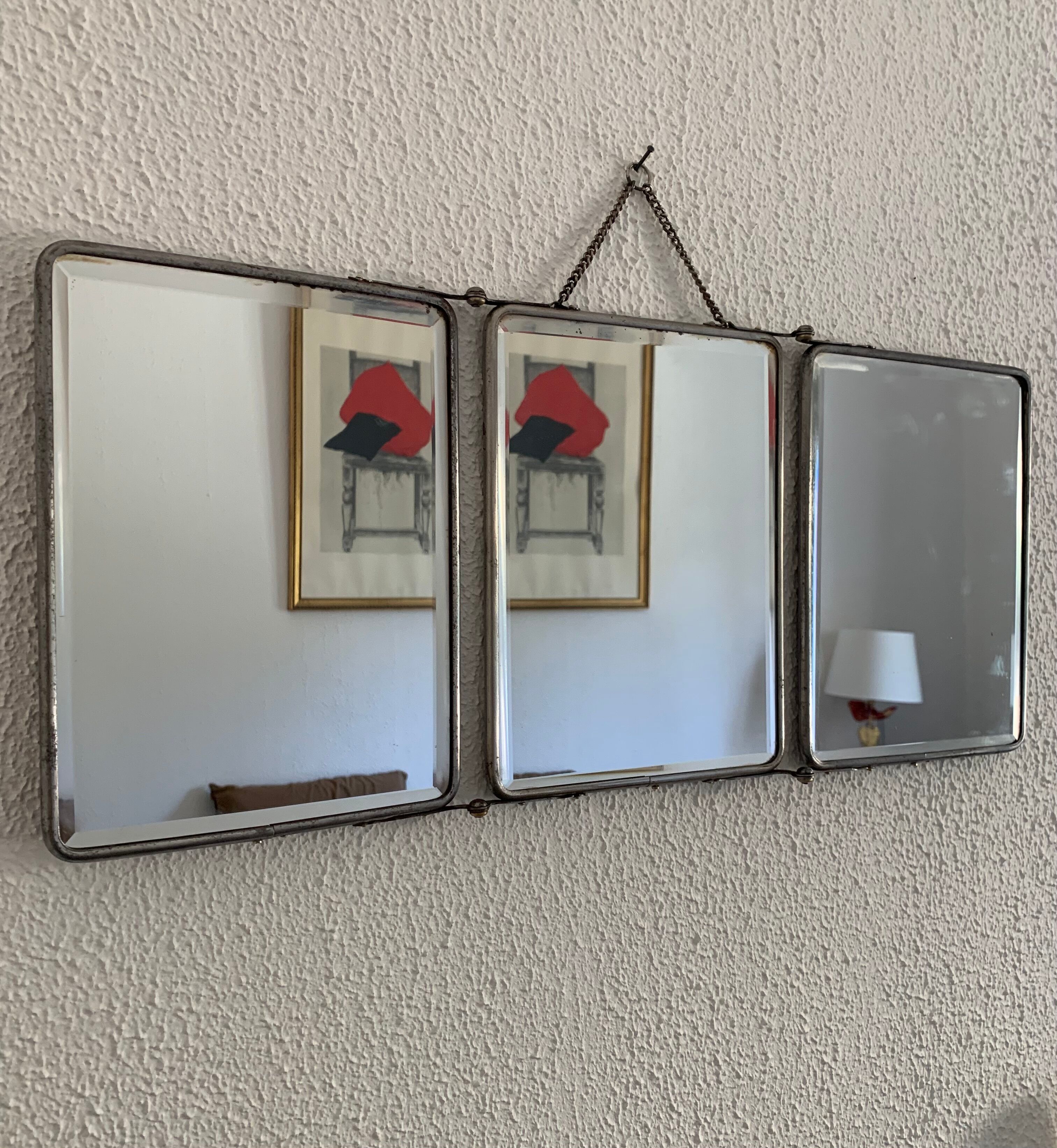 Vintage mirror 1950 triptych beveled purple barber - 25 x 58 cm