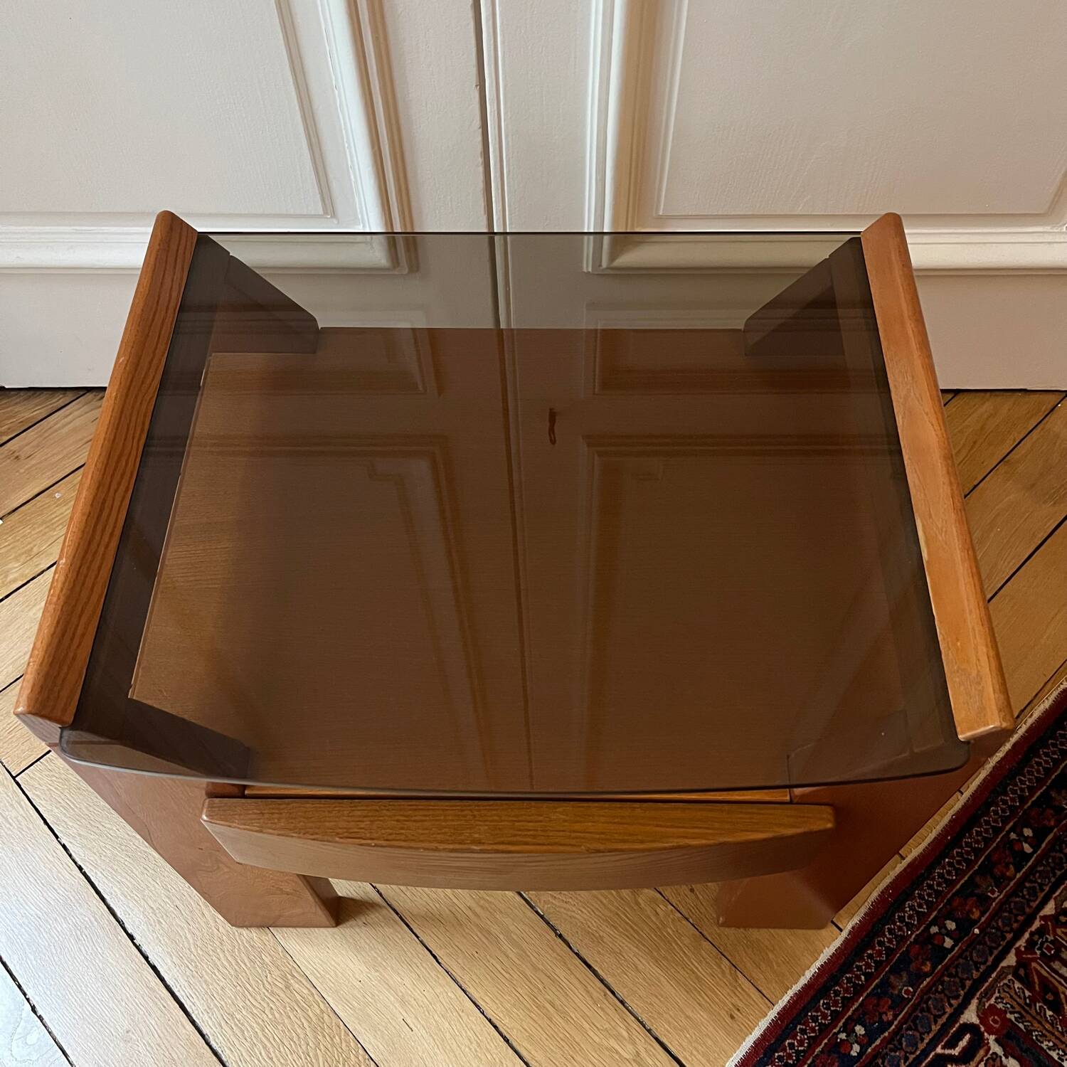 Pair of vintage bedside tables in wood and smoked glass