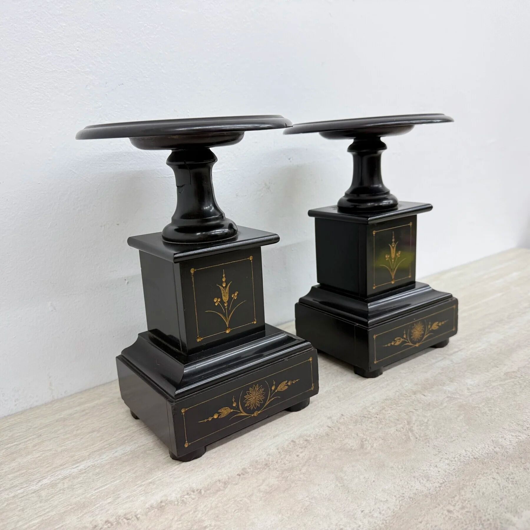 Antique French black marble cassoulets gilt decor pedestals neoclassical pair, 1900s