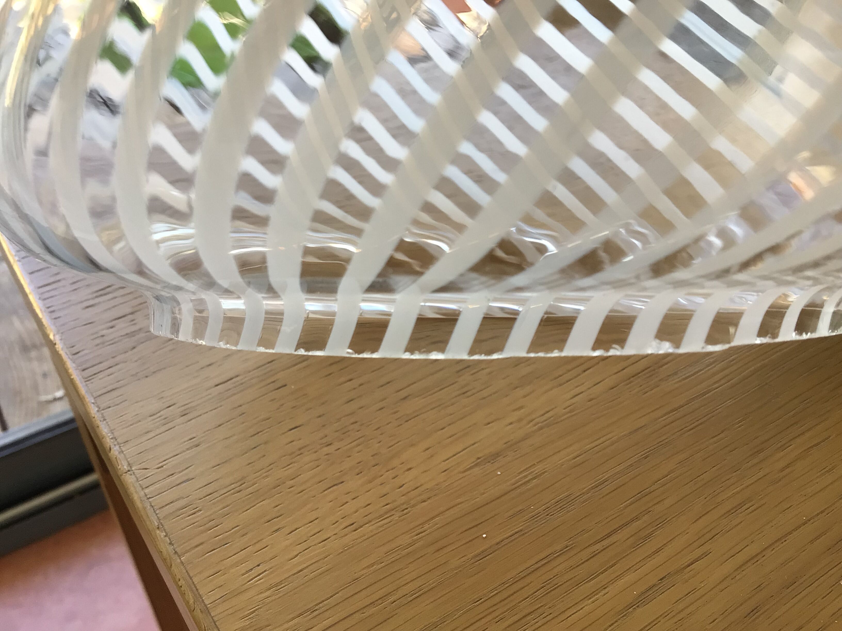 Copper suspension with white striped blown glass