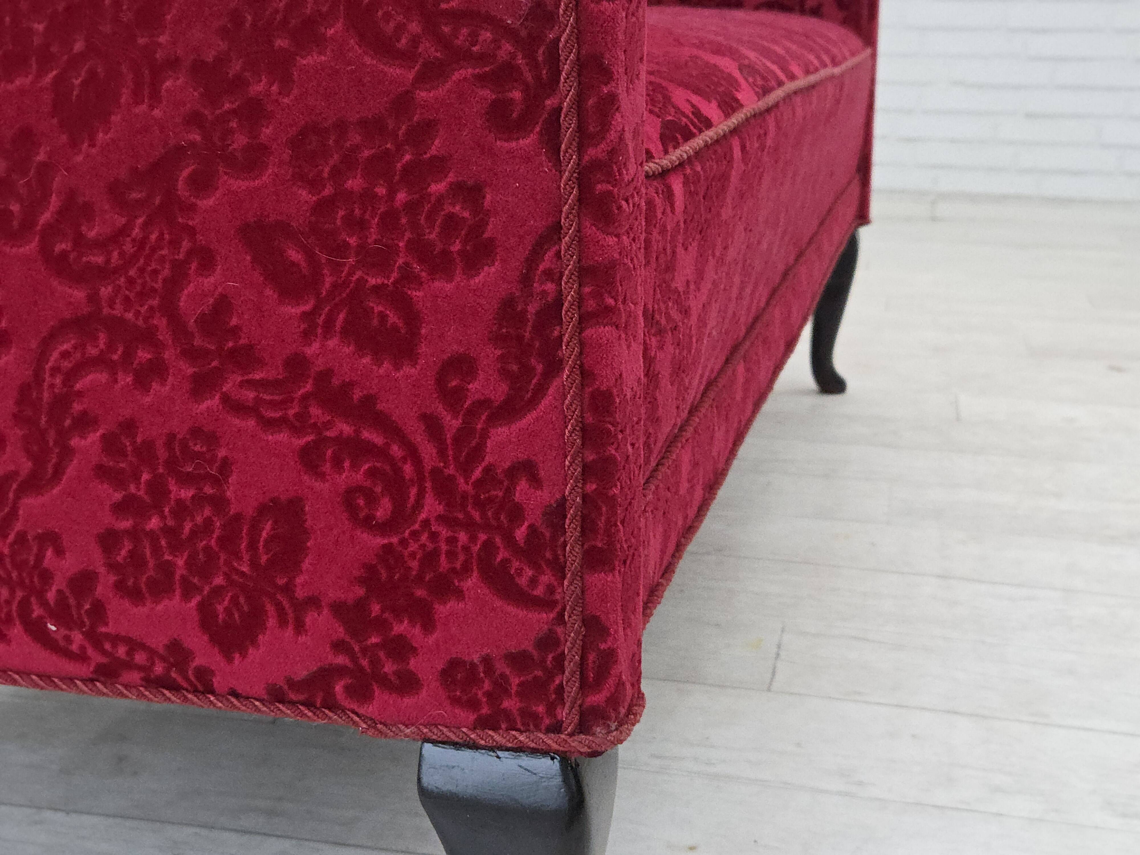 1950s, Danish 2-seater sofa, cherry-red furniture velour.