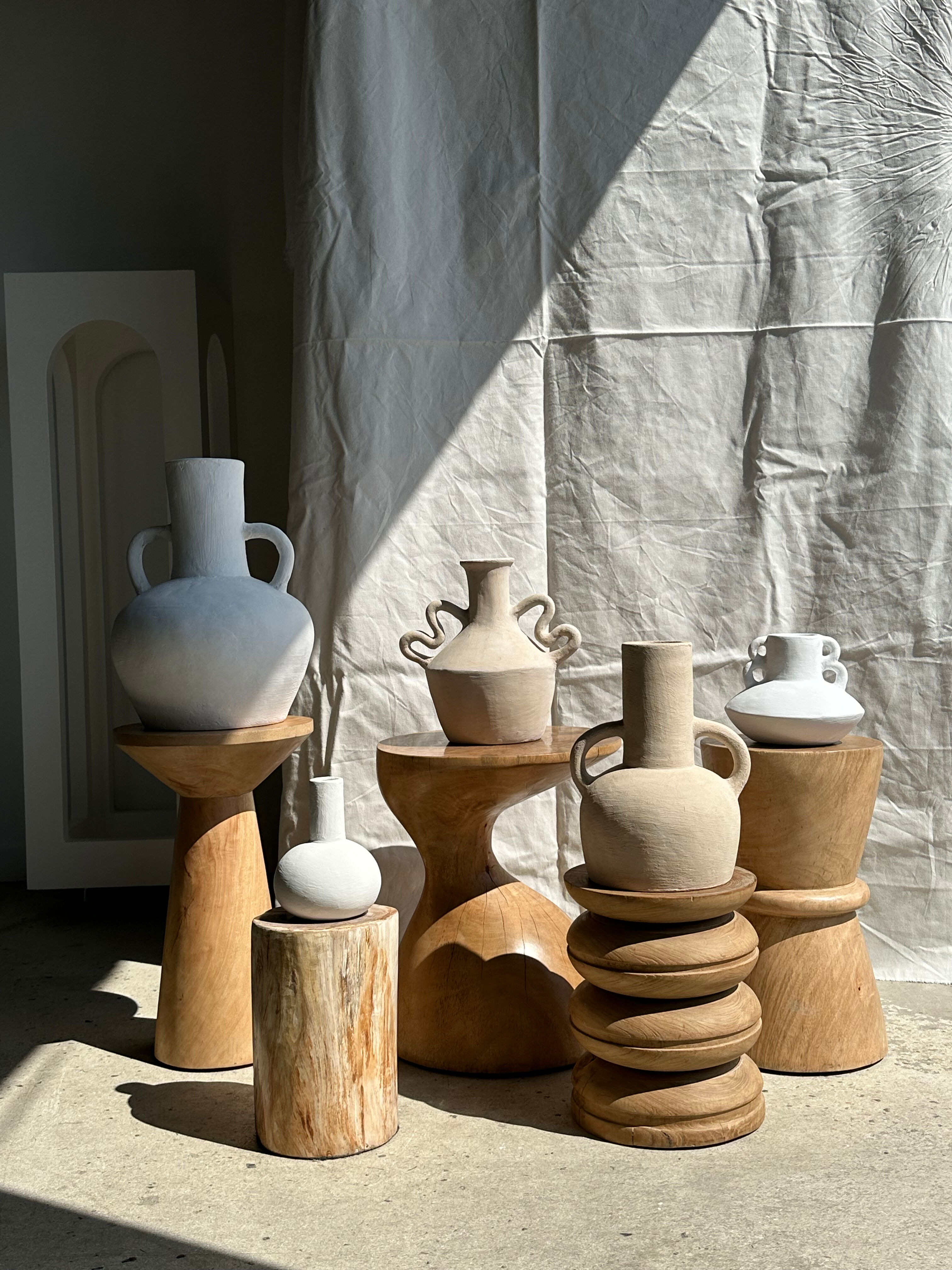 Handmade terracotta vase painted white with double handles H:16 D:20