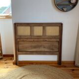 Vintage headboard in raw solid oak and canework