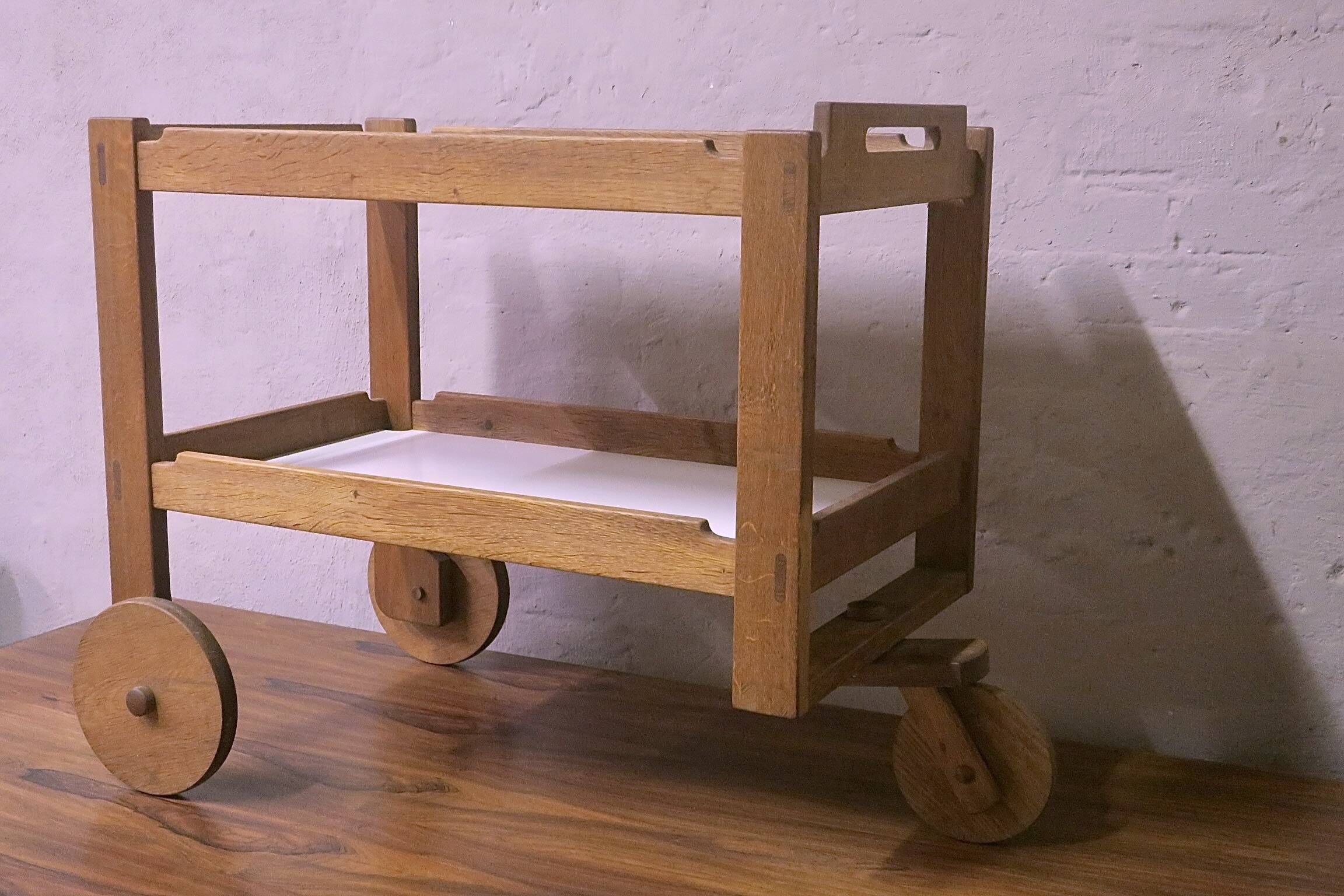 Brutalist Scandinavian bar cart / serving trolley in solid oak, 1950s