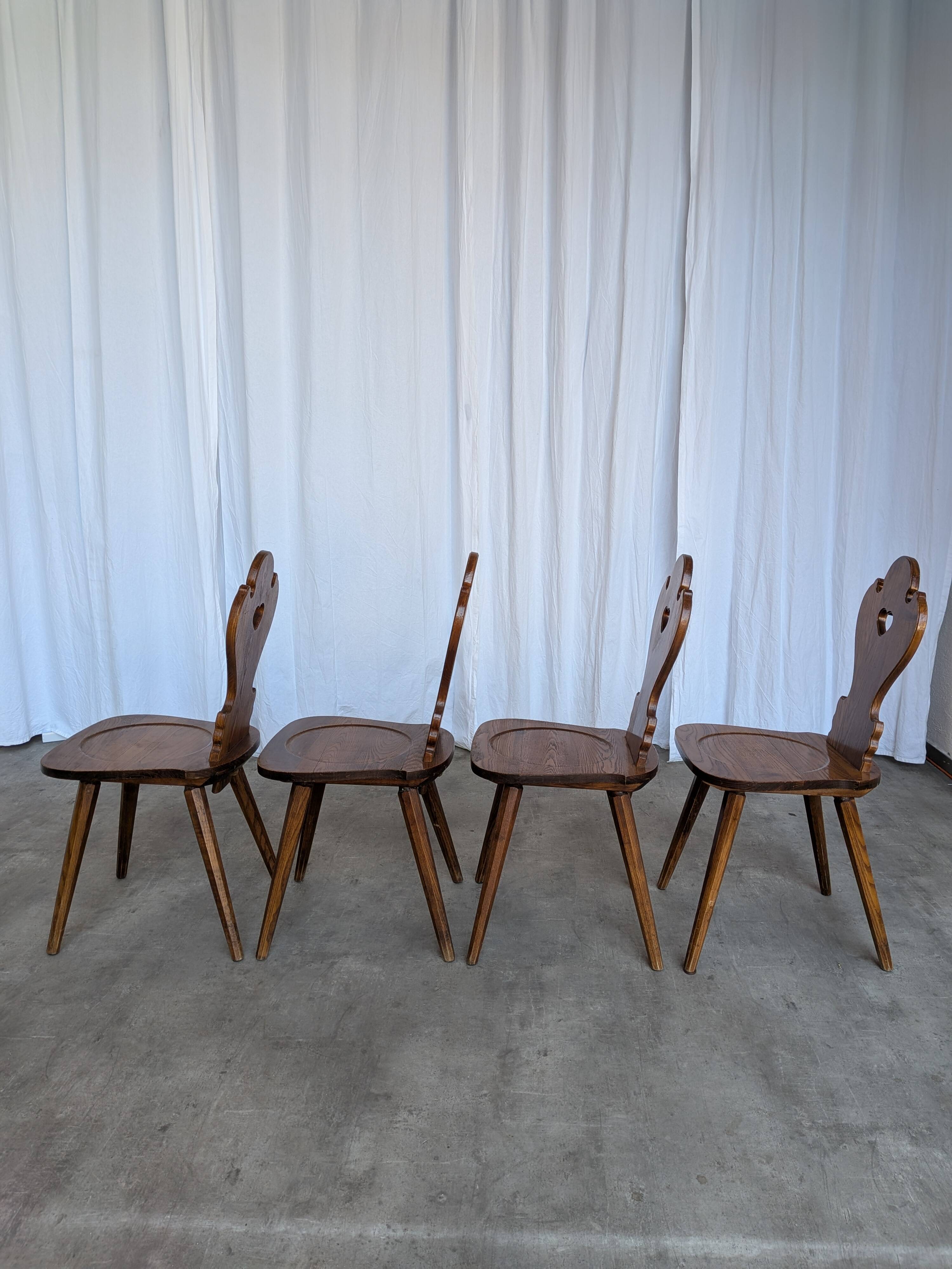 Set of 4 Farmhouse Tyrolean Chair with Heart Cutout Back / 1970s Vintage Di