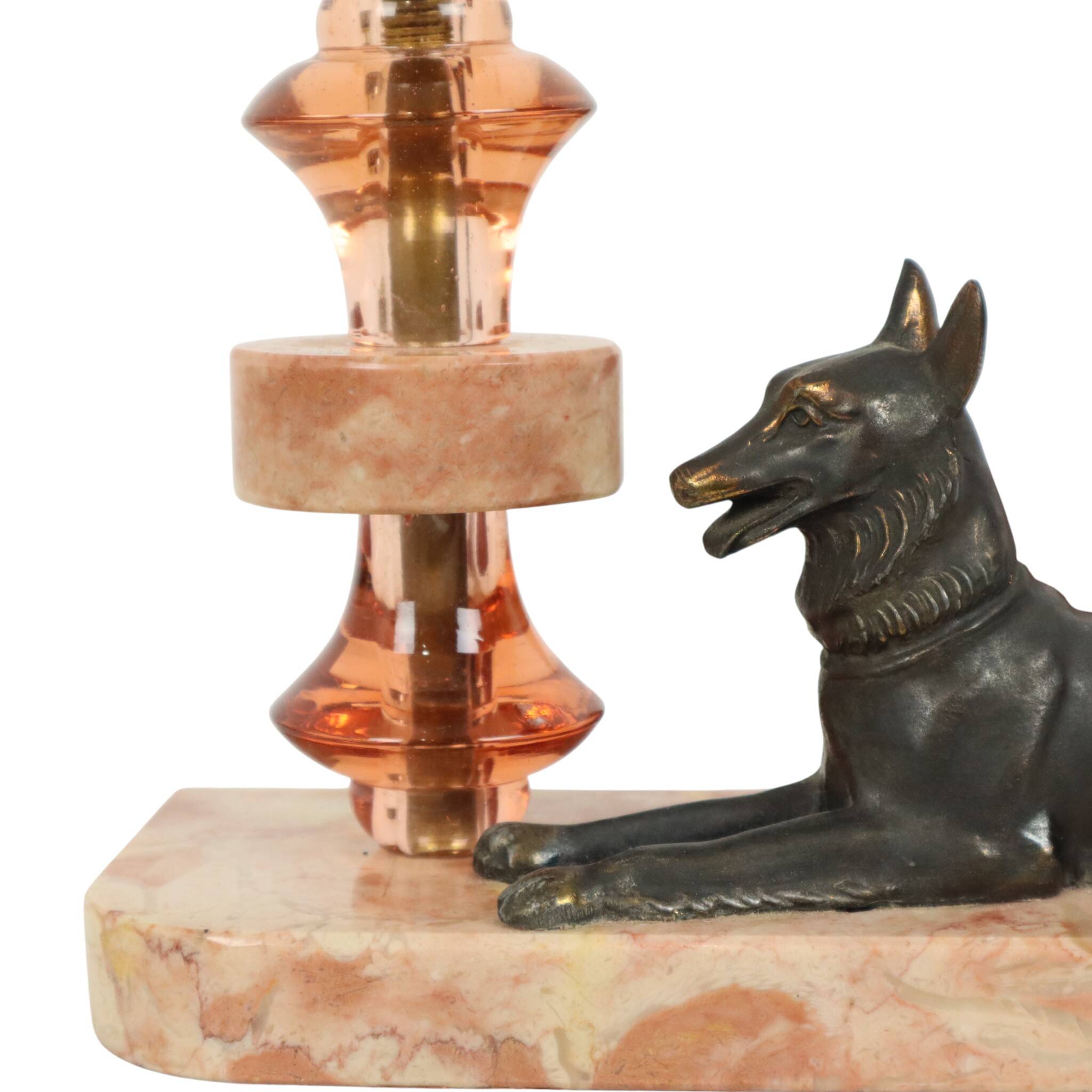 French Art Deco Table Lamp Pink Marble Glass Shepherd Dog