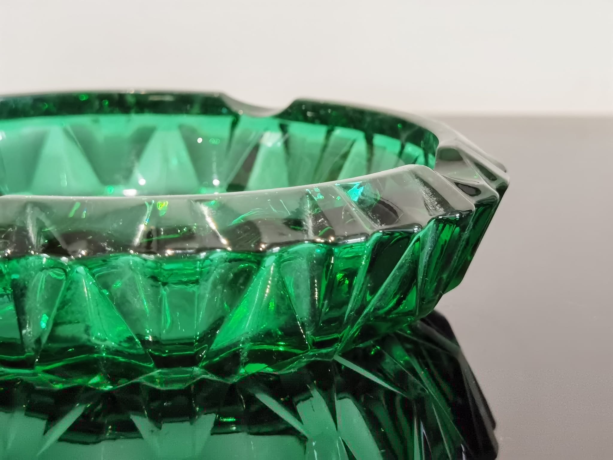 Ashtray in transparent cut glass green color made in france