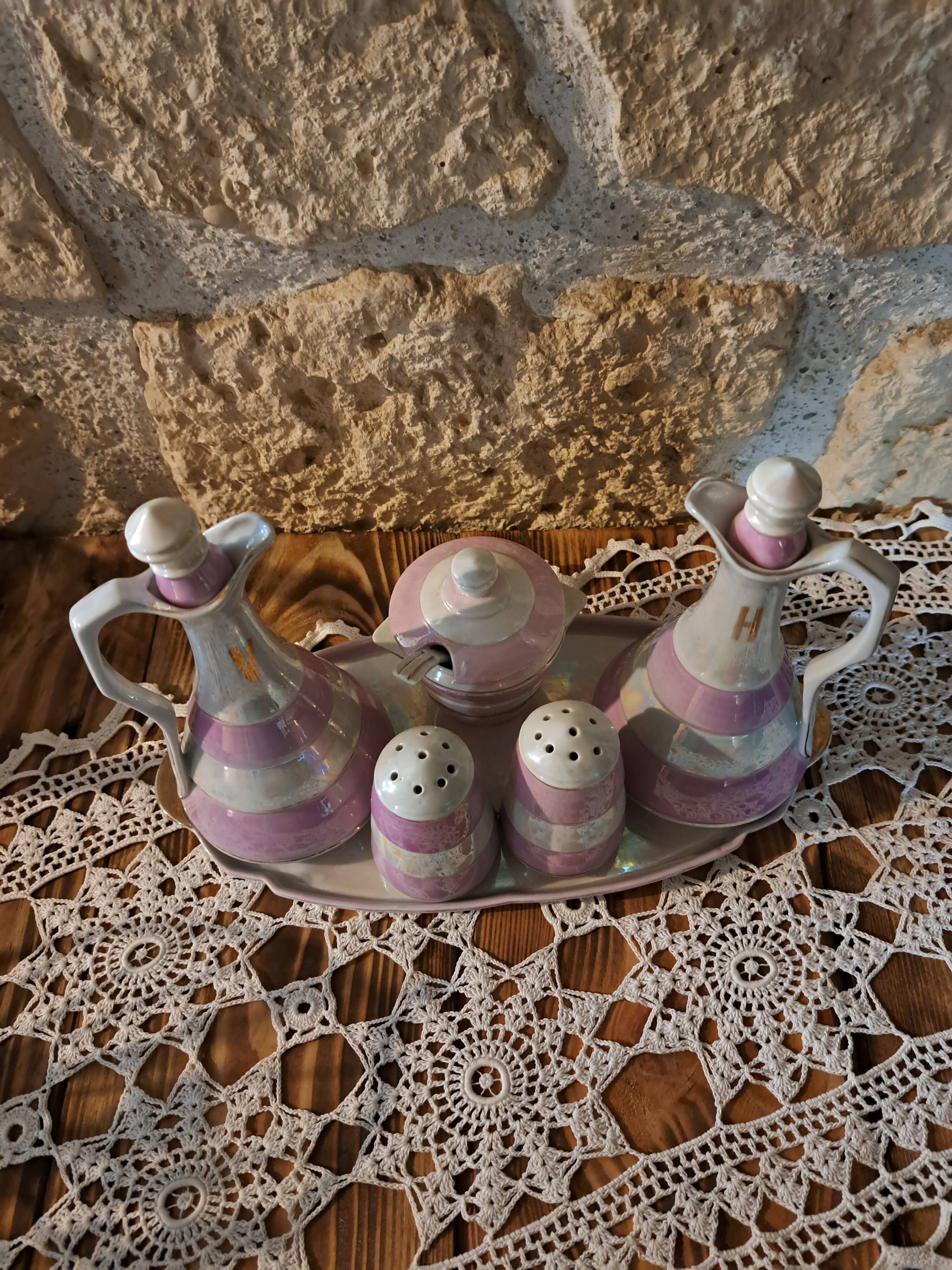 table server oil, vinegar, mustard, salt and pepper shakers with tray