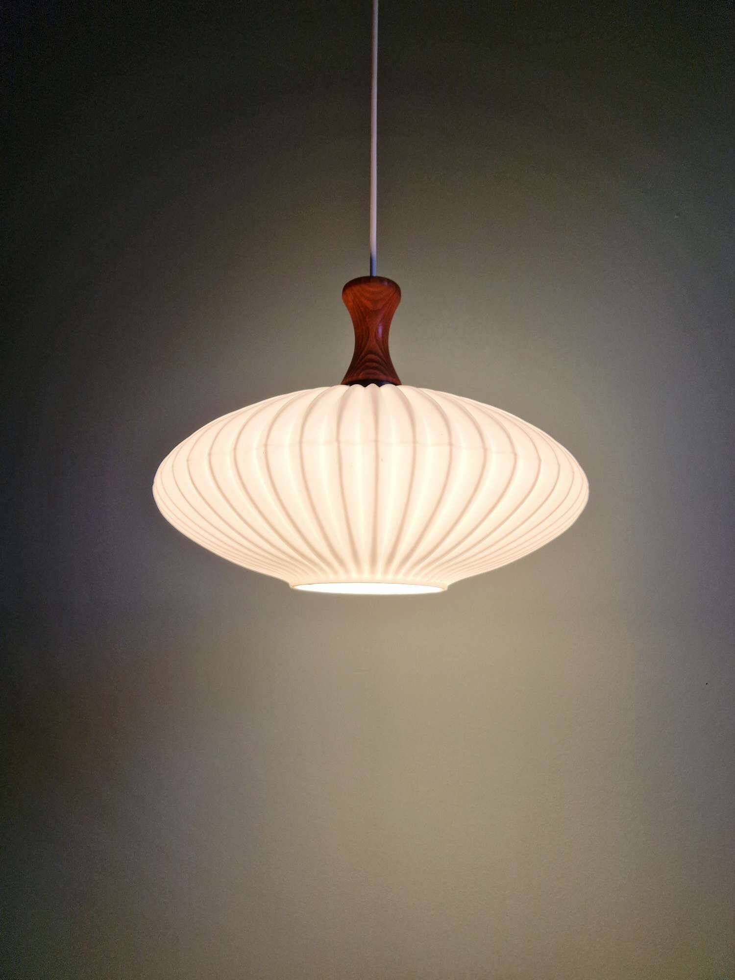 Teak and pleated white opaline suspension, Massive, 1960