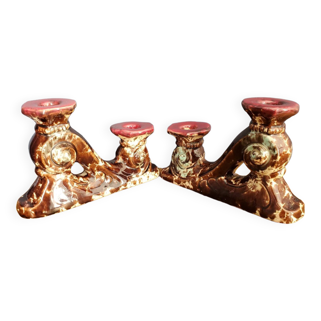 Paire de Bougeoirs Anciens Cerdazur Monaco/old Pair of ceramic candlesticks Bleu/Doré/Vert