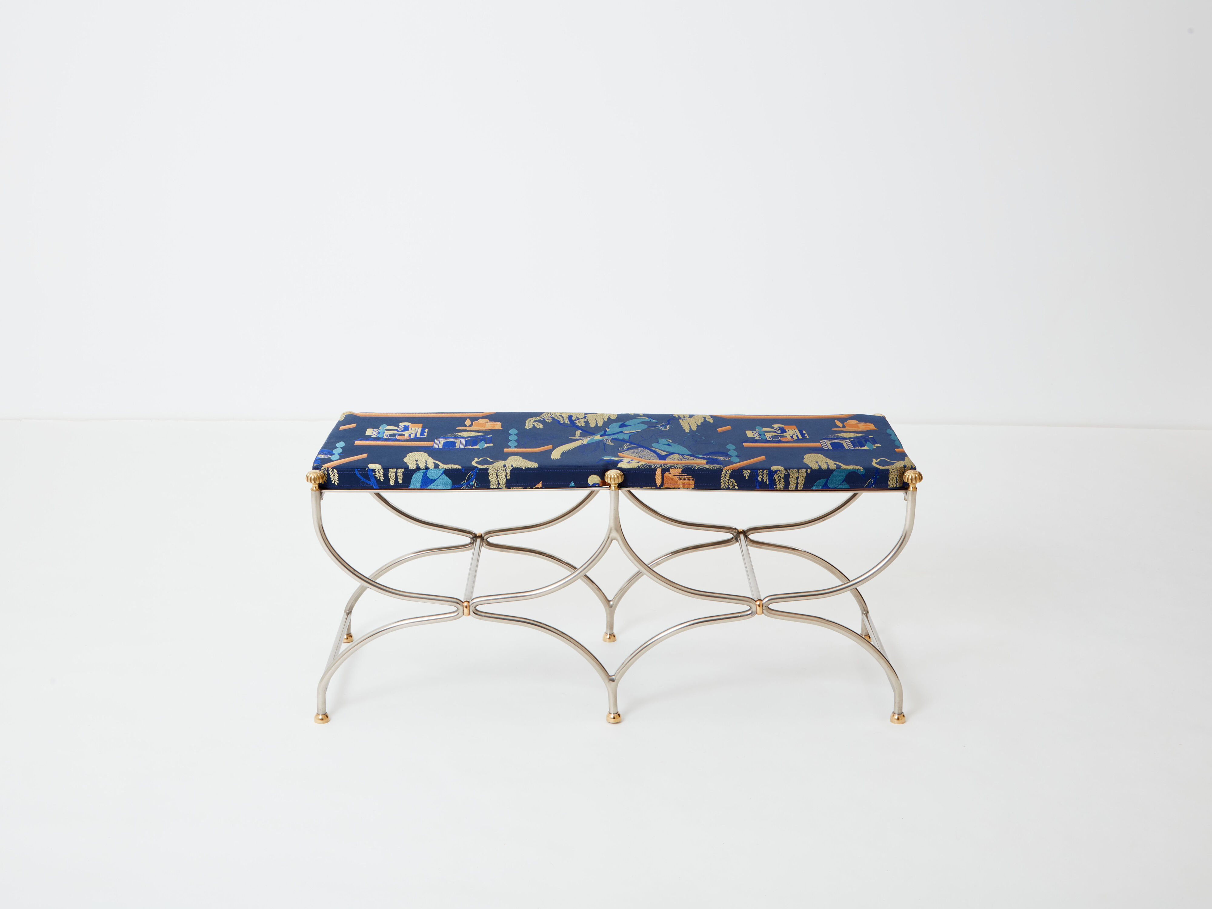 Brass jacquard steel curule bench from Maison Jansen circa 1960
