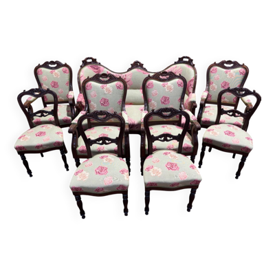 Ensemble salon Napoléon III 9 pièces acajou massif tissu roses