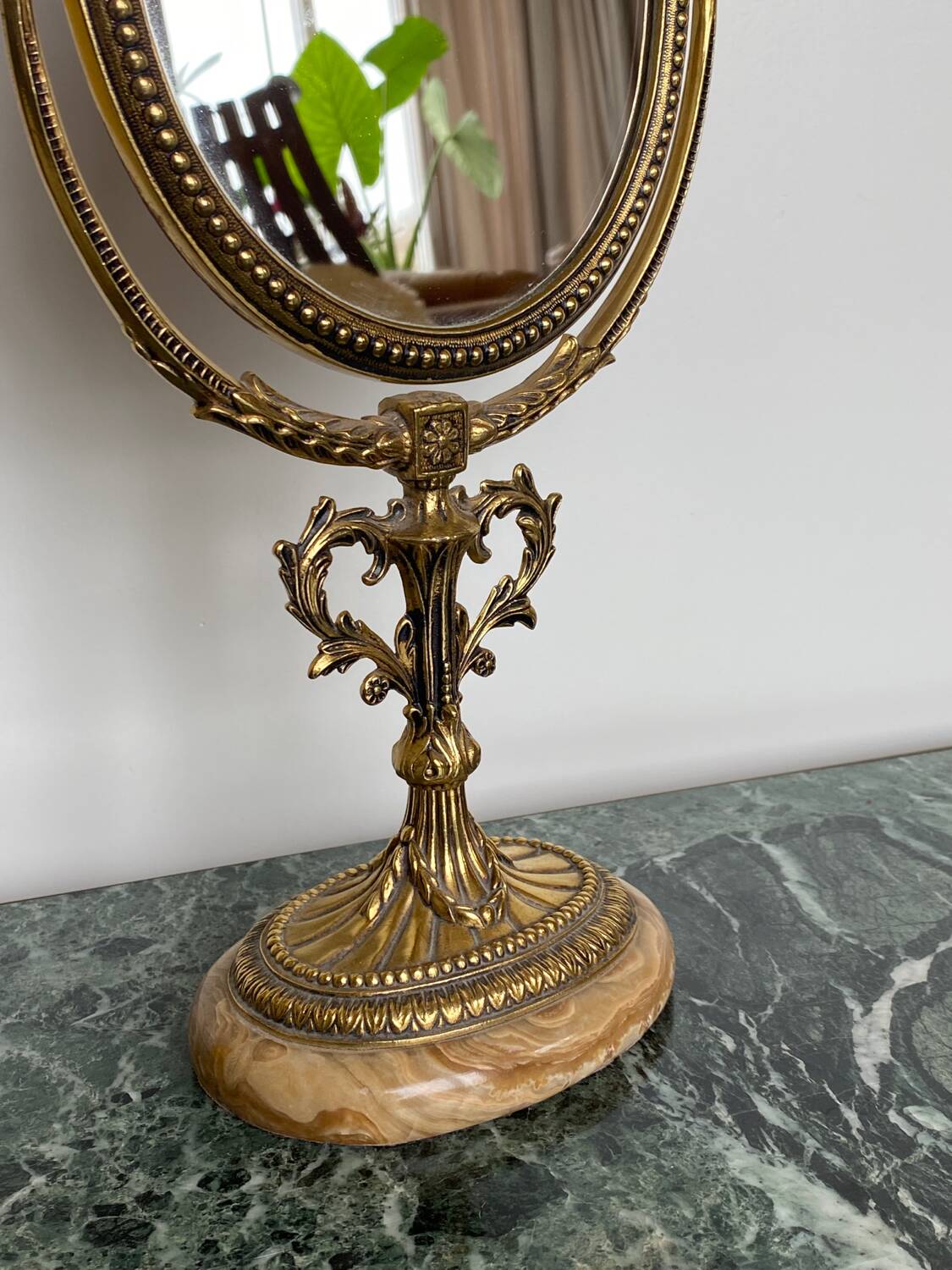 Miroir de Table Victorien Vintage en Laiton sur Base en Marbre, 1950s