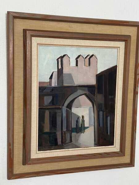 Original mid-century Swedish oil on canvas – “Entrance” by Reuben Hedin – vintage & framed – 55 × 63 cm