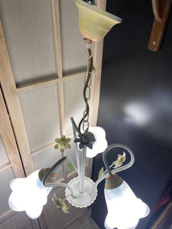 Ancien Lustre Plafonnier Florentine Bouquet Floral Design 1970 Art Décoratif N°2