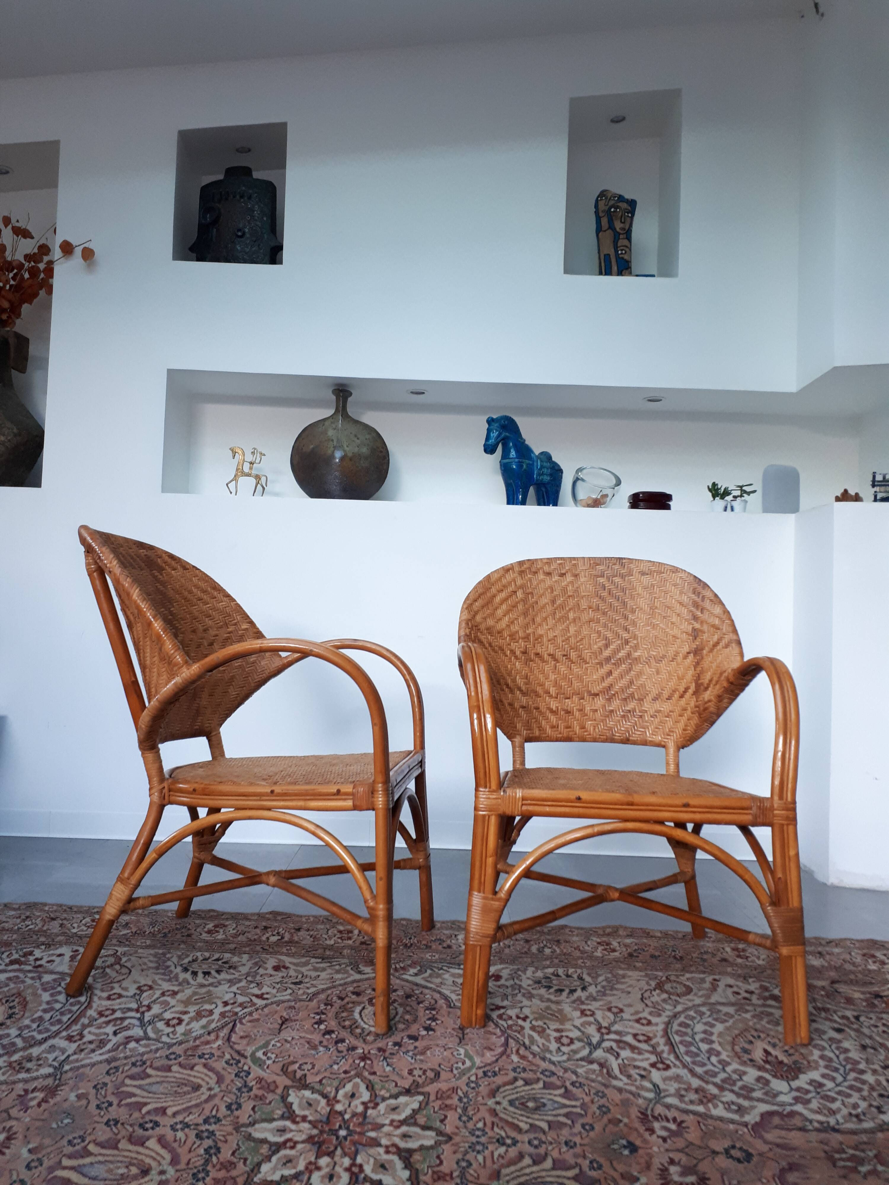 Pair of armchairs in braided rattan 70s