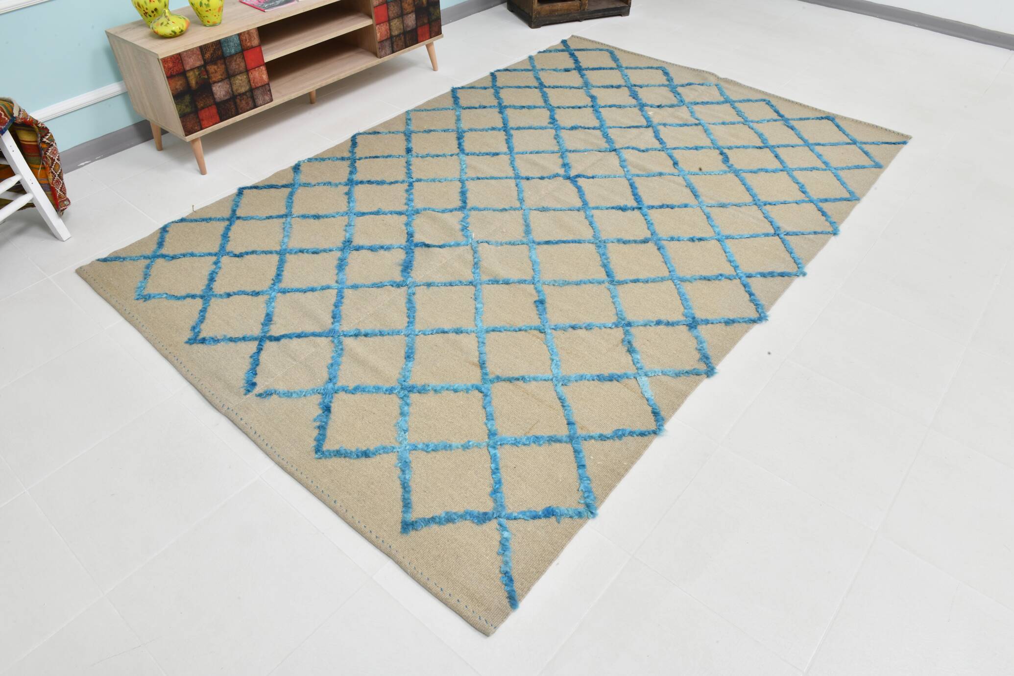 6x9 Beige & Blue Handmade Moroccan Rug, 185x282Cm SK 7339