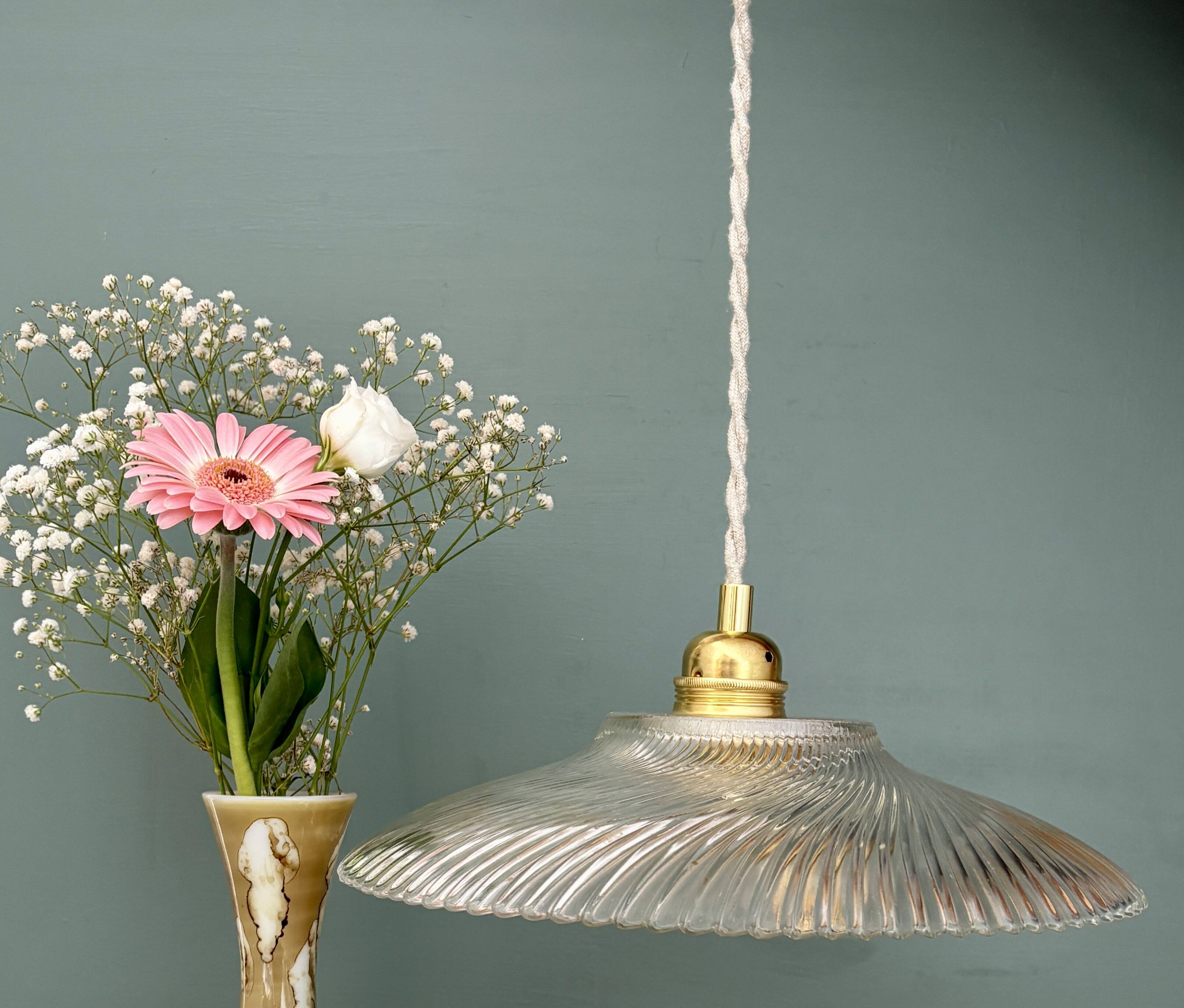 Vintage molded ribbed glass lampshade pendant light - tableware collection -