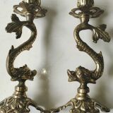 Pair of neoclassical torchlight candlesticks, koi carp, feng shui. in gilded bronze