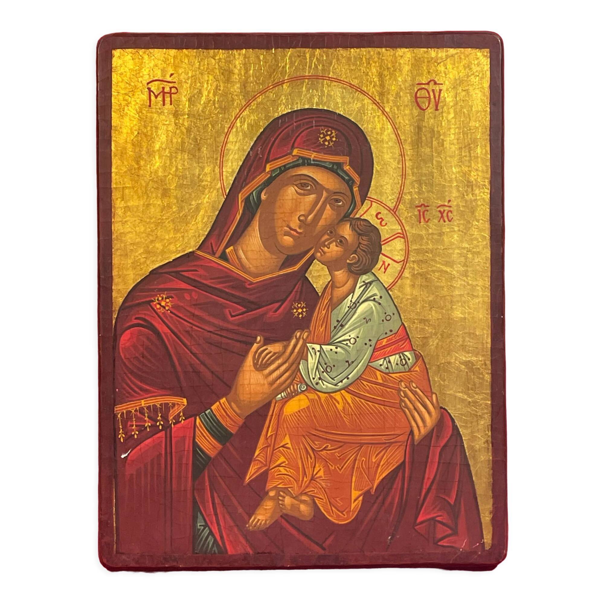 Icône en bois polychrome XXe, peinte à la main, dorée à la feuille, Grèce