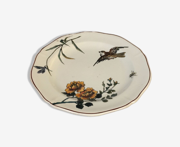 Assiette decorative Gien a decor d'insectes de fleurs et d'un moineau
