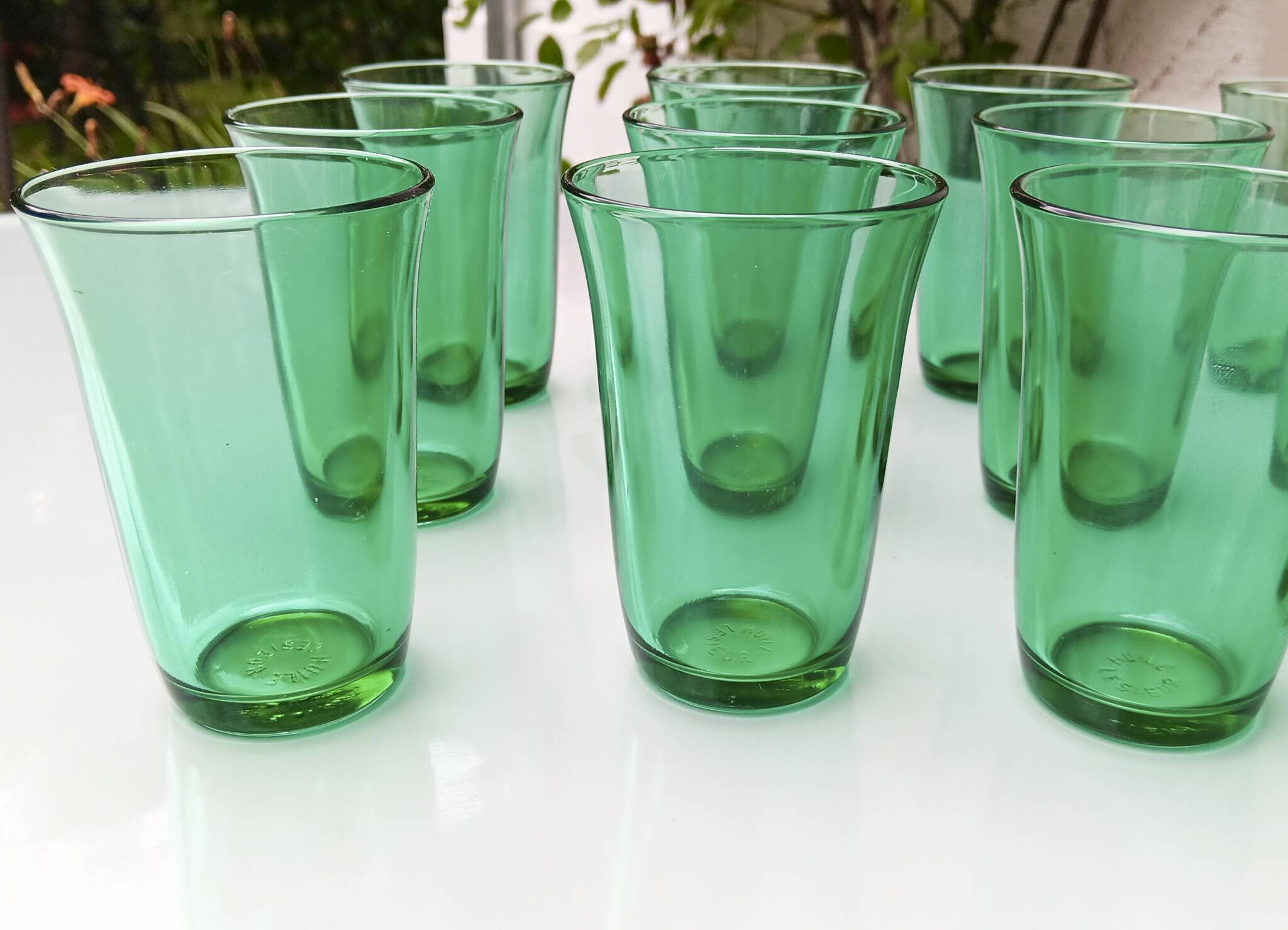 12 vintage Lesieur green glasses.
